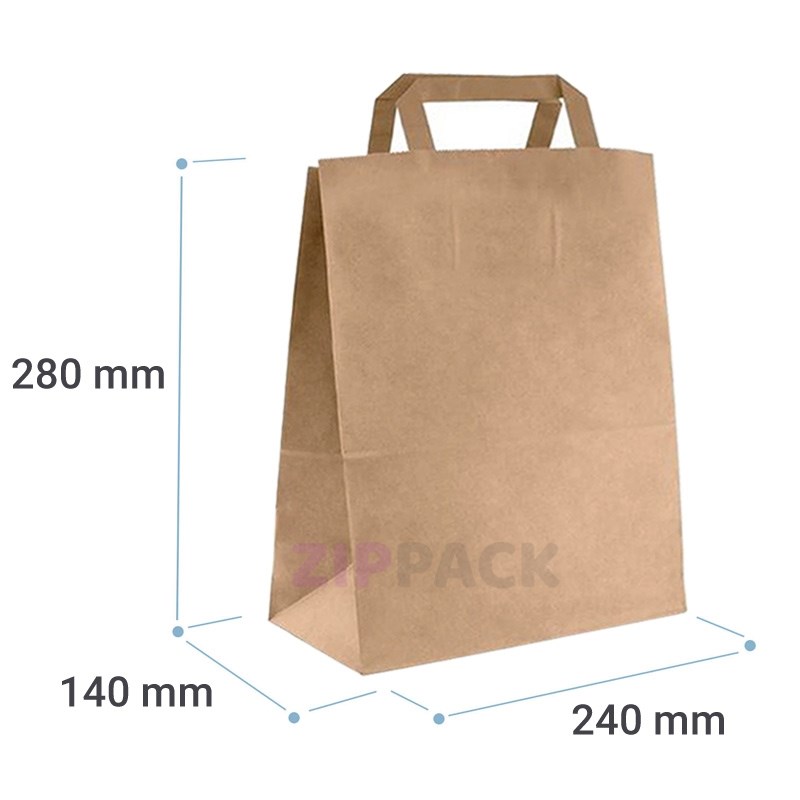 БУМАЖНЫЙ ПАКЕТ КРАФТ 240x140х280 мм ПЛОСКИЕ РУЧКИ | 70 гр./м2 240/140/280 kraft/flat - фото 17336