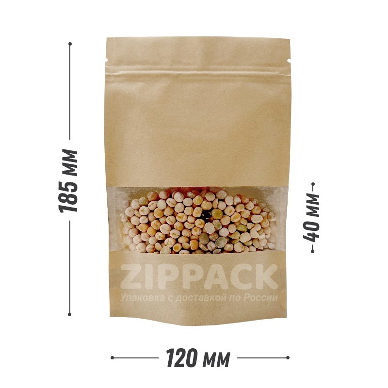 КРАФТ ДОЙ-ПАКЕТ 120х185 мм С ОКНОМ 40 мм и замком zip-lock D1801 - фото 17378