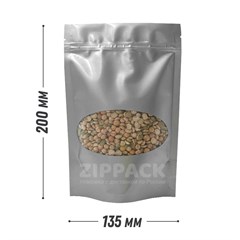 ДОЙ-ПАКЕТ СЕРЕБРЯНЫЙ 135*200+40мм С ОВАЛЬНЫМ ОКНОМ и замком zip-lock D2340